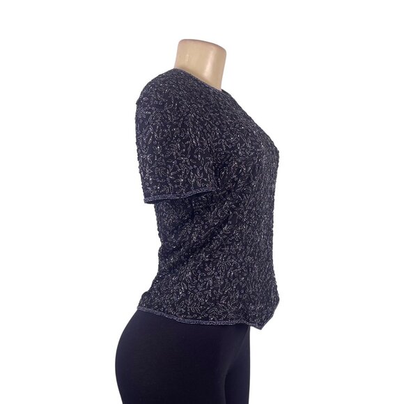 Papell Boutique Womens Black 100% Silk Beaded Embellished Evening Top Size S - Picture 3 of 9